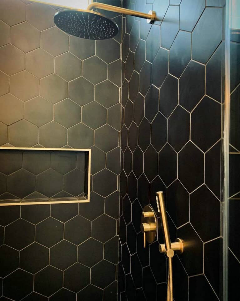 black hexagon tile with white grout feature