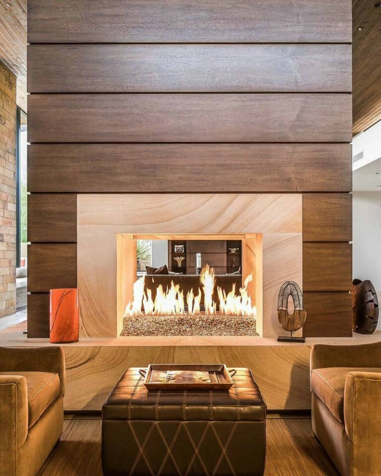 wood plank fireplace wall feature