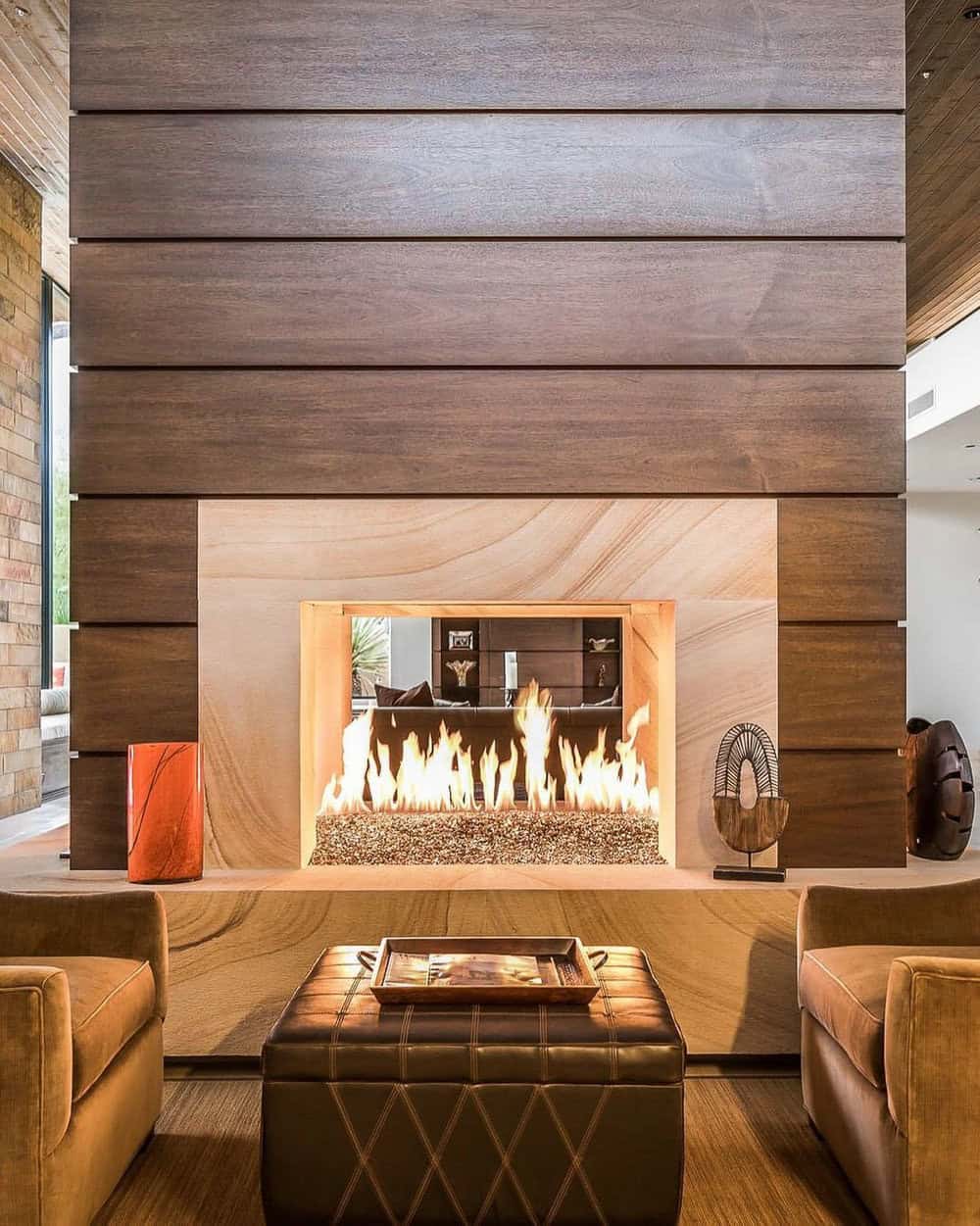 wood plank fireplace wall