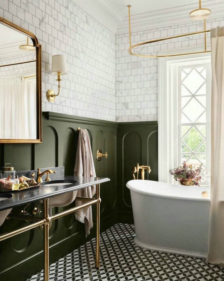 dark green wainscoting feature