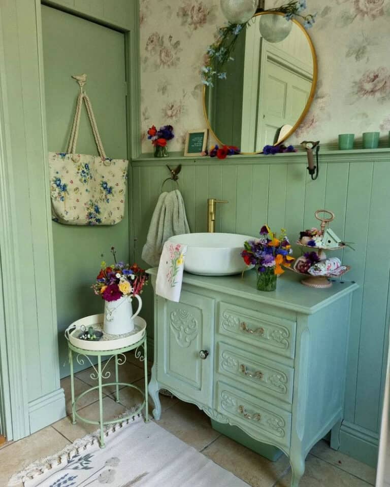 green shiplap bathroom feature