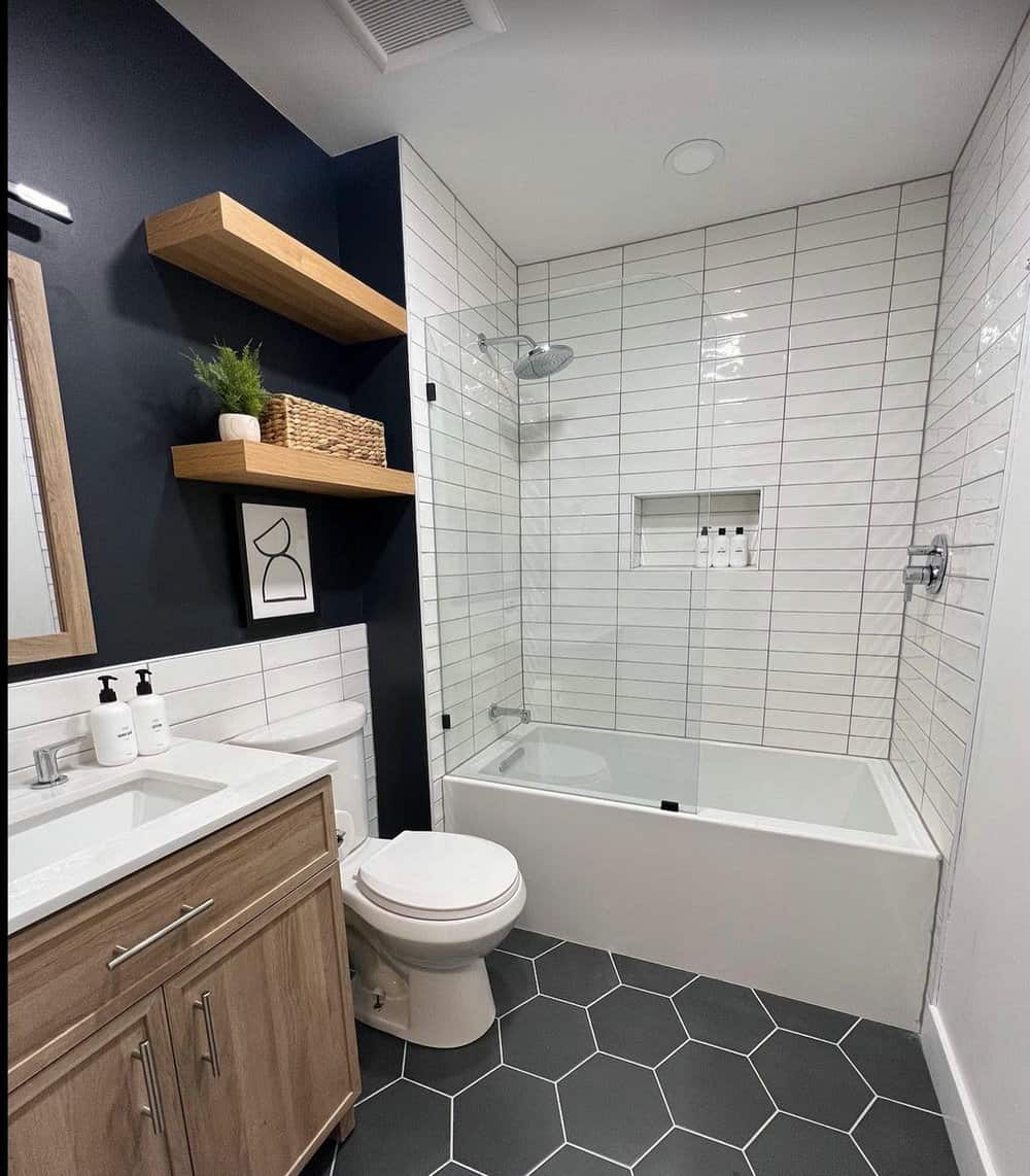 stacked subway tile bathroom