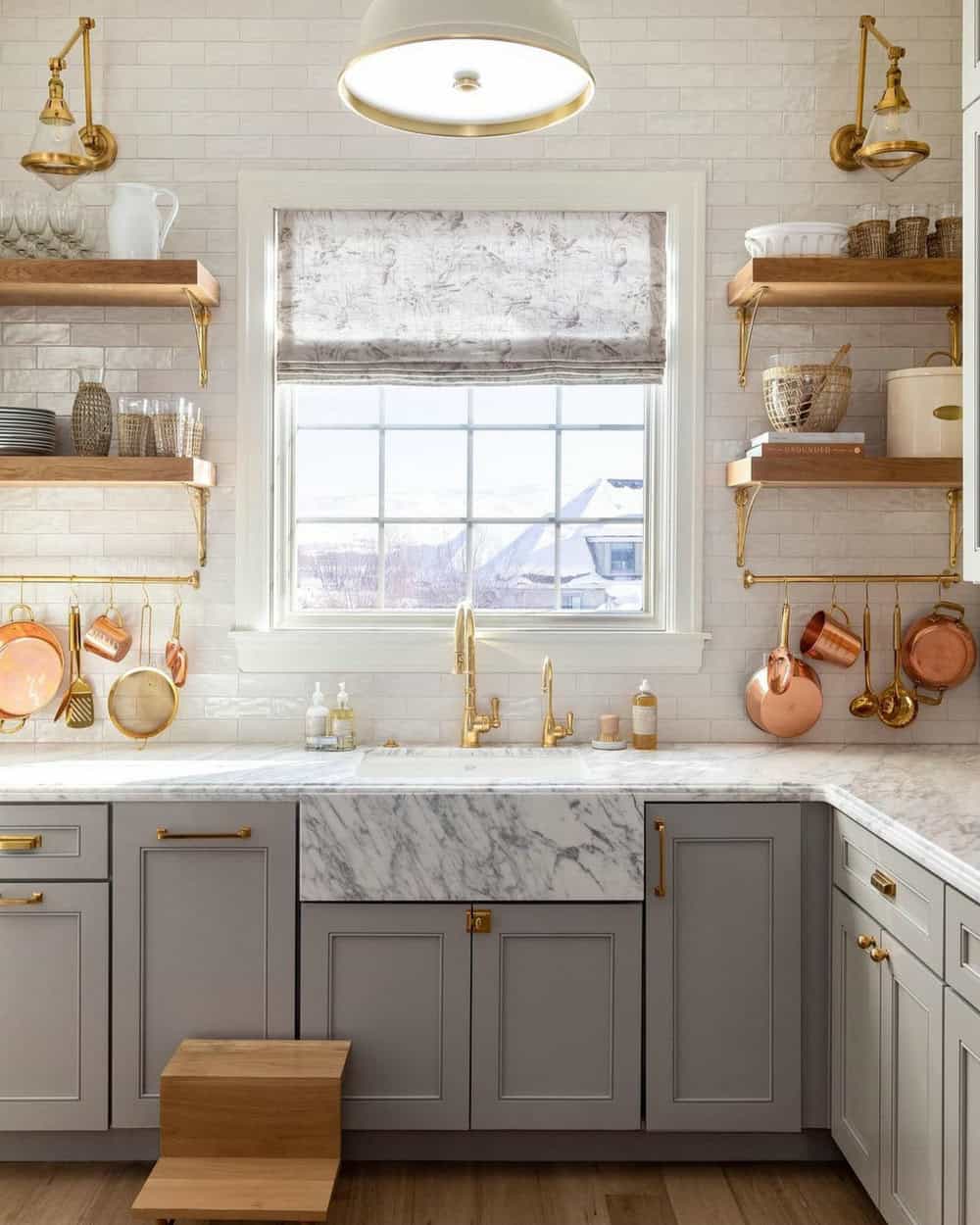 grey cabinets with white countertop