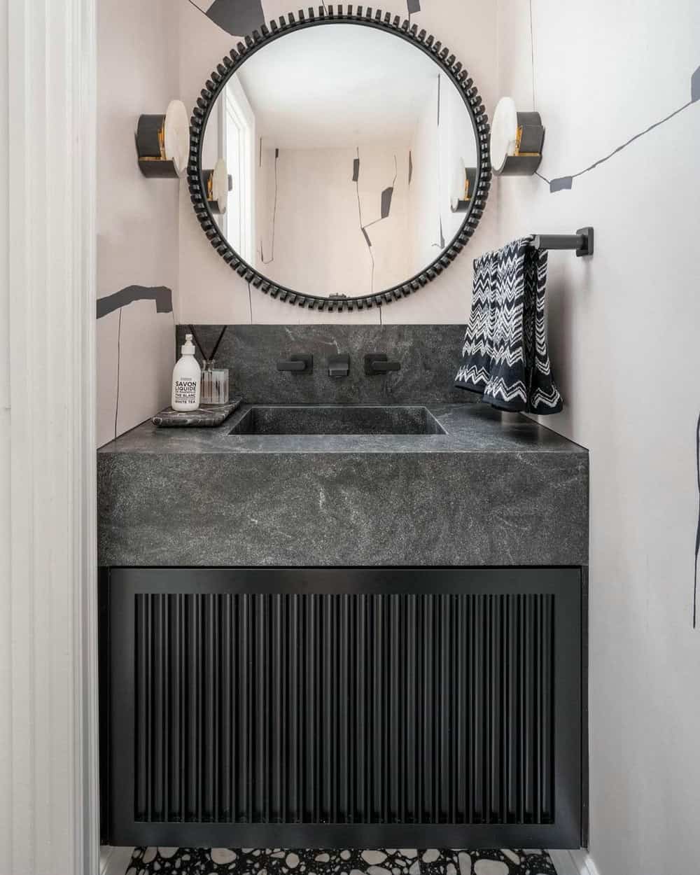 black and white powder rooms