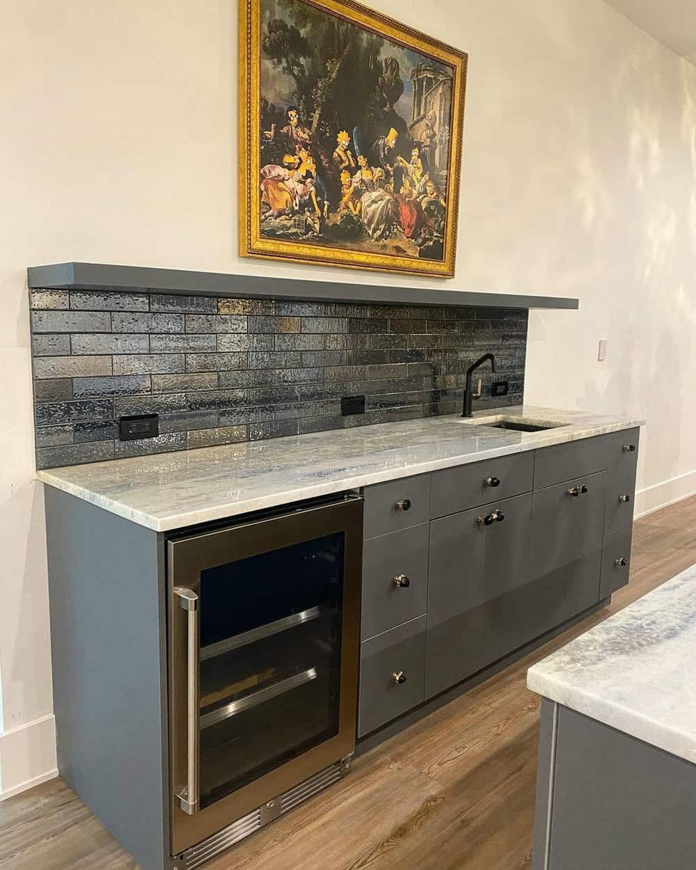 kitchen with gray cabinets and white countertops