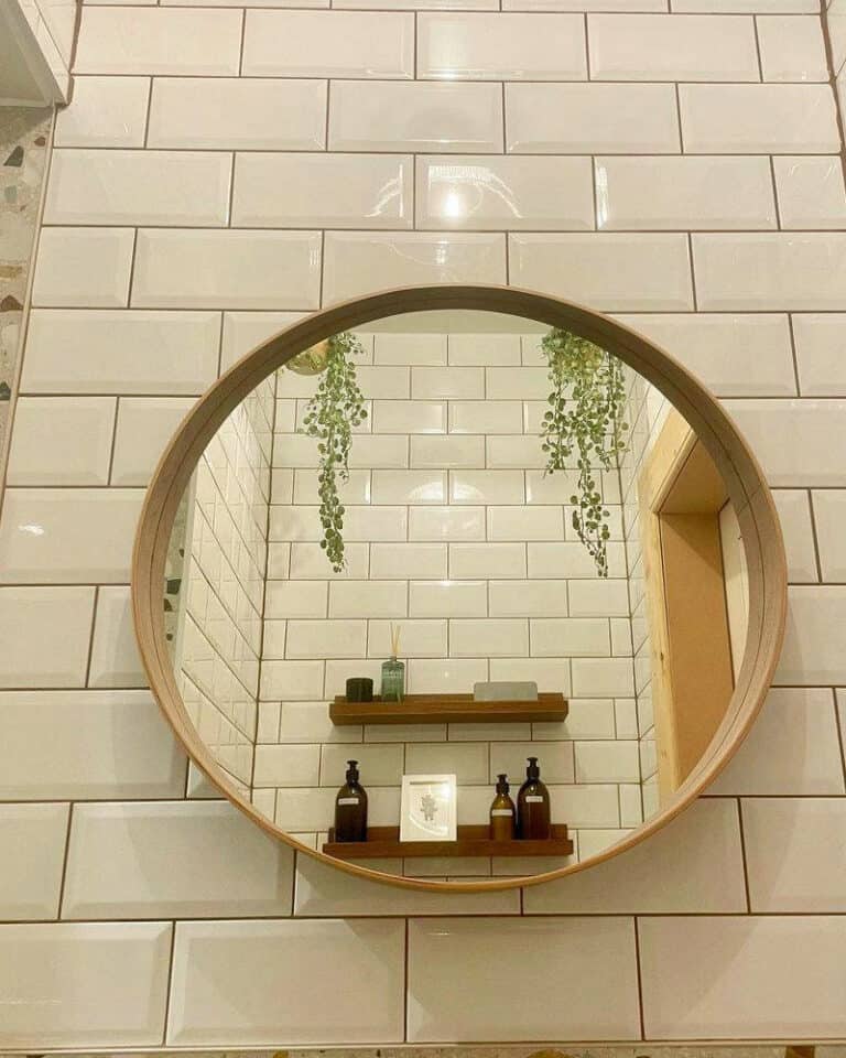 white subway tile with tan grout feature