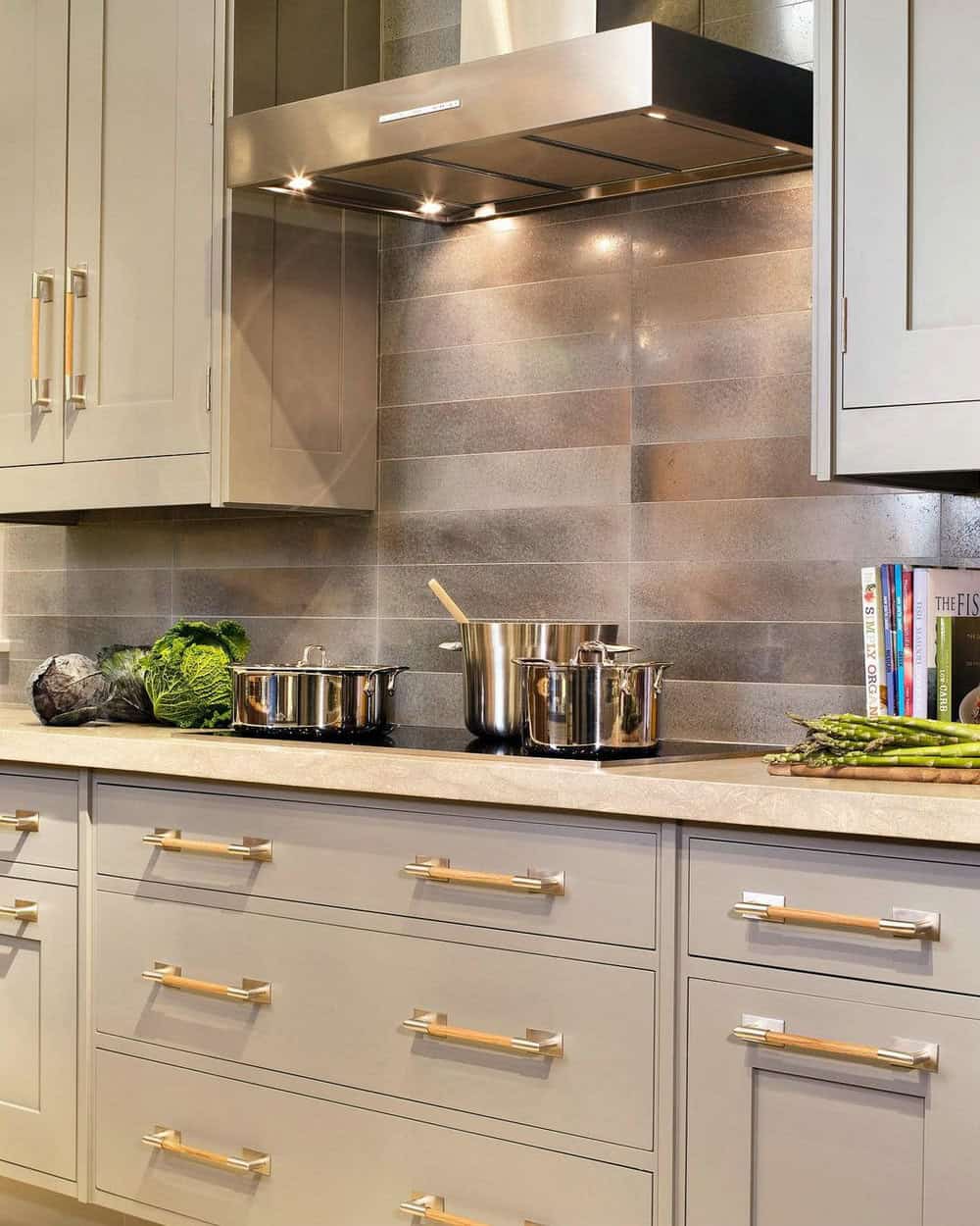 gray kitchen cabinets with gold hardware