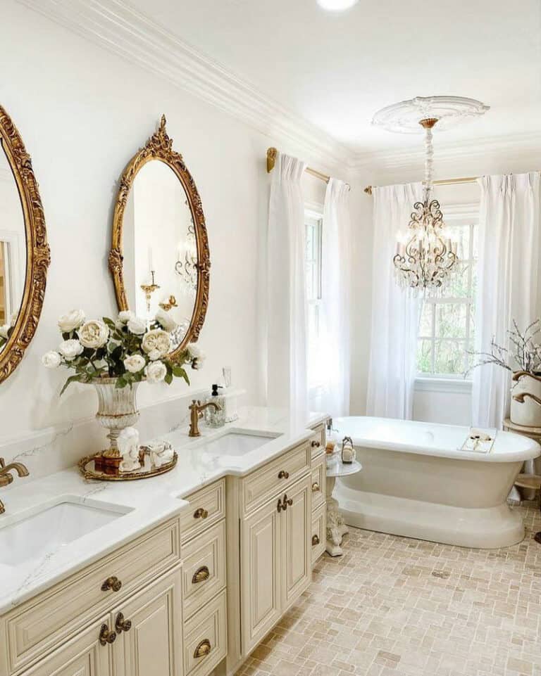 freestanding tub next to vanity feature