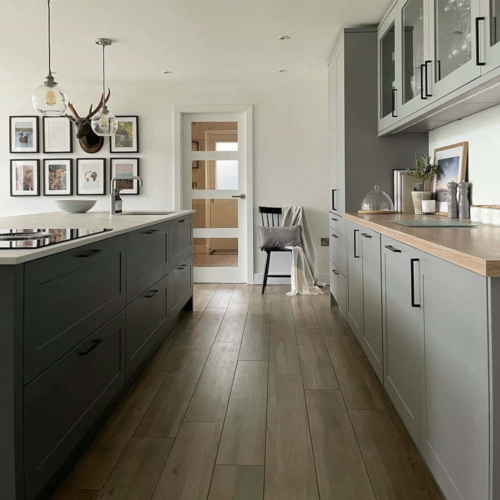 grey kitchen cabinets with butcher block countertops