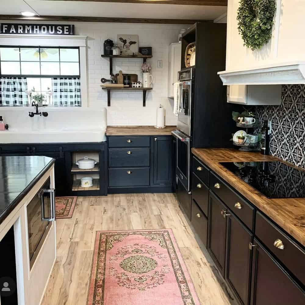 grey cabinets with butcher block countertops
