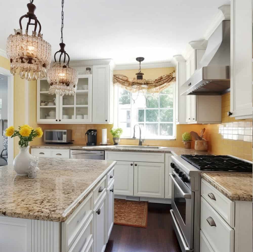 saint cecilia granite with white cabinets