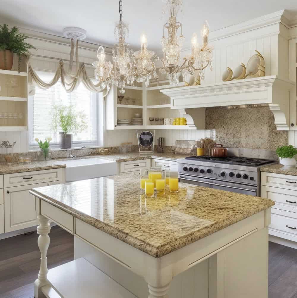 white cabinets with santa cecilia granite