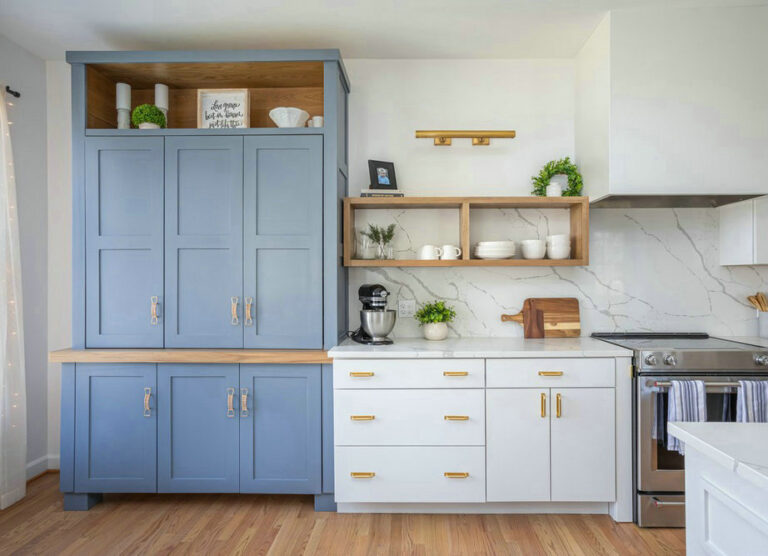 blue cabinets white countertops