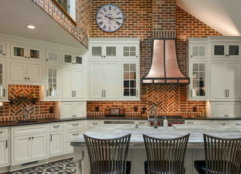 rustic farmhouse kitchen brick backsplash