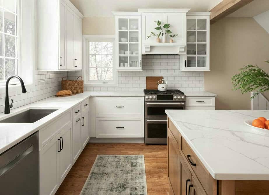 white cabinets with white countertops