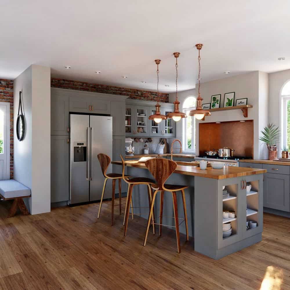 grey cabinets with butcher block countertops