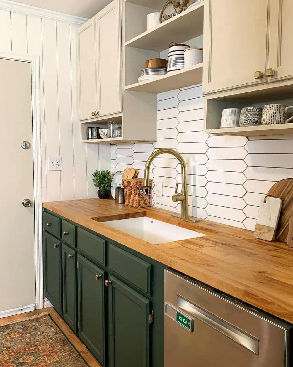 white kitchen cabinets with butcher block counters