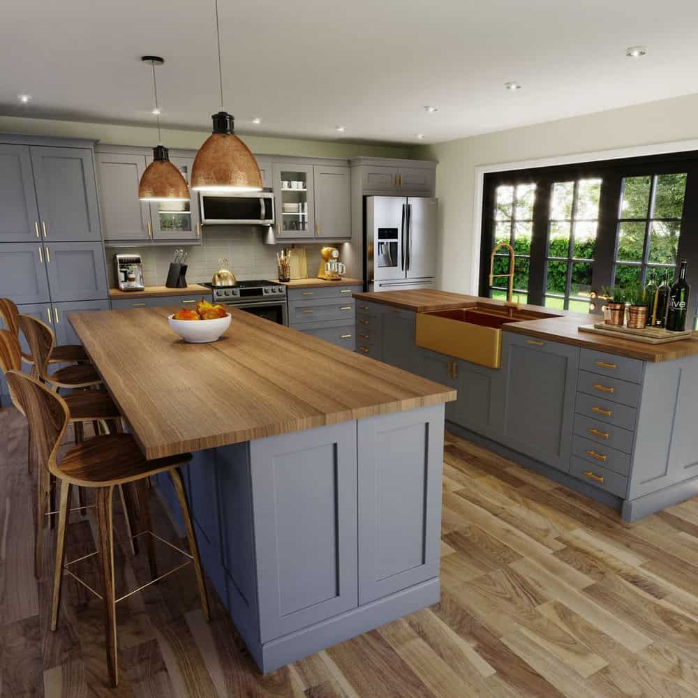 grey kitchen cabinets with butcher block countertops