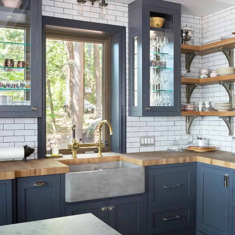 white kitchen cabinets with butcher block counters