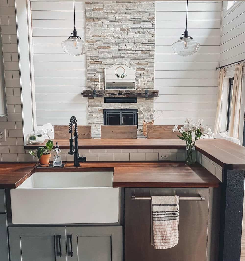 butcher block countertop with wood cabinets