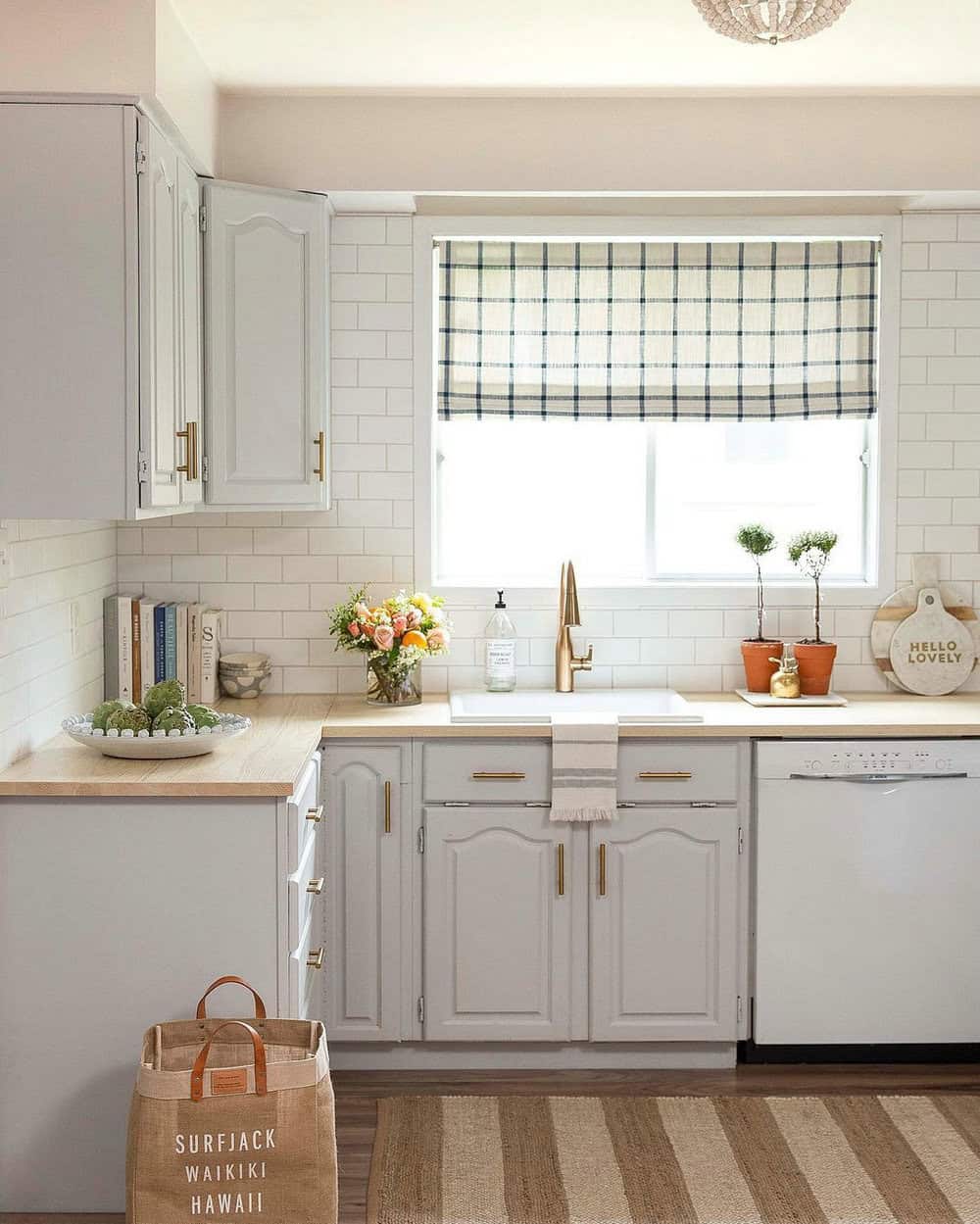 gray cabinets butcher block