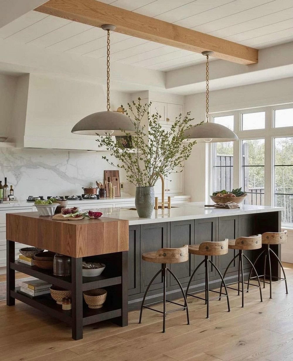 farmhouse kitchen with butcher block counters