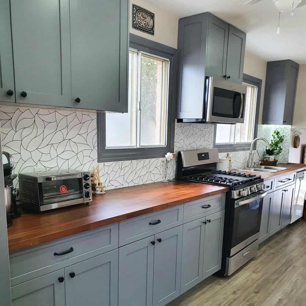 grey cabinets butcher block countertops