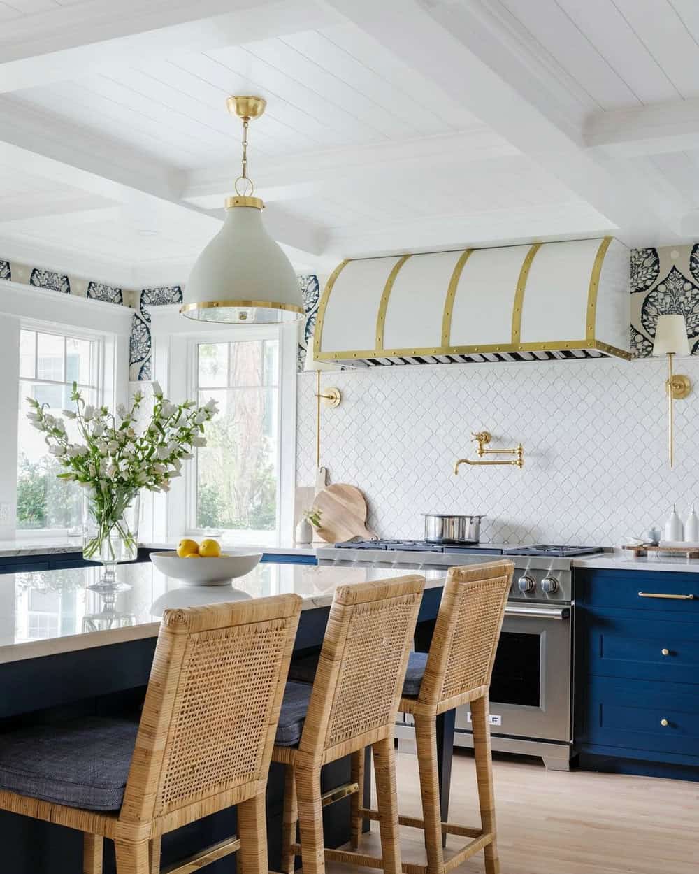 blue and white tile backsplash
