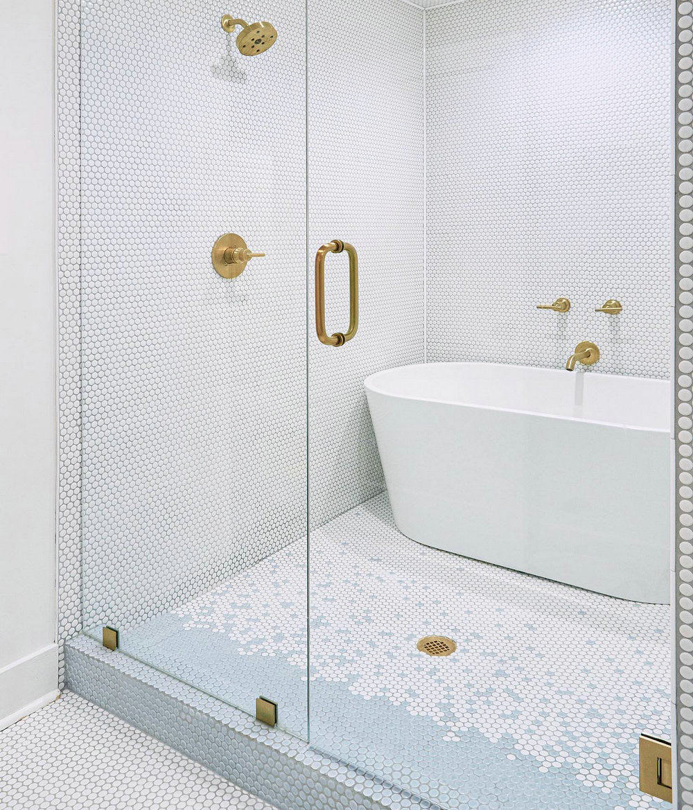 white penny tile gray grout