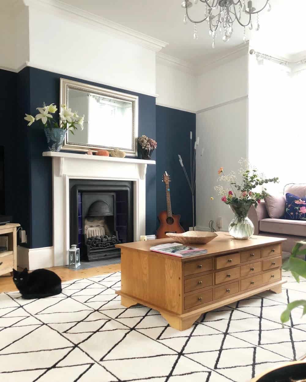 blue painted brick fireplace