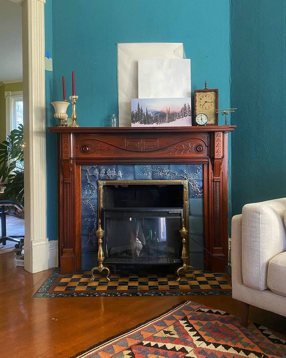 navy blue fireplace accent wall