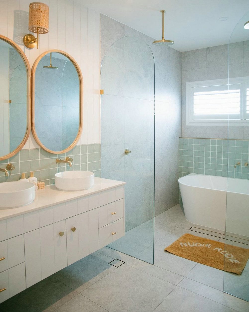 sage green and wood bathroom