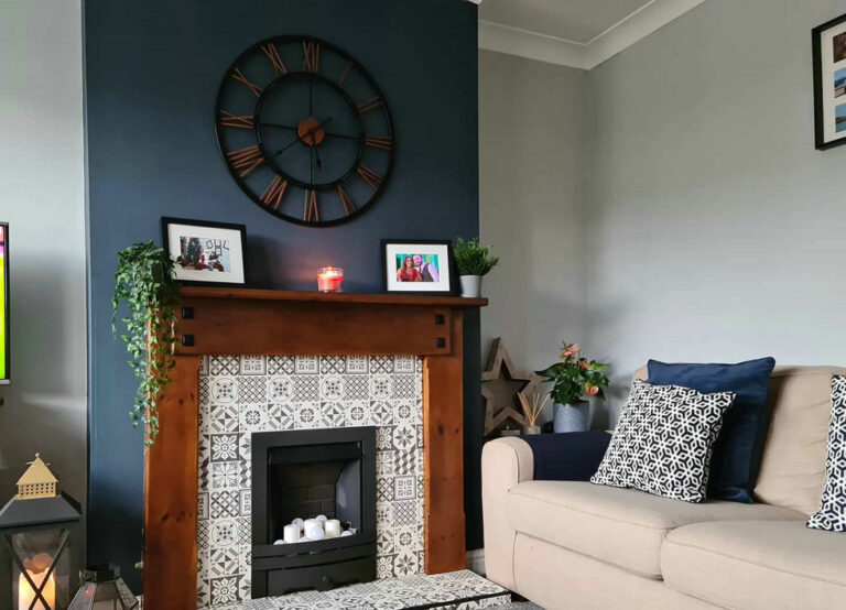 navy blue fireplace feature