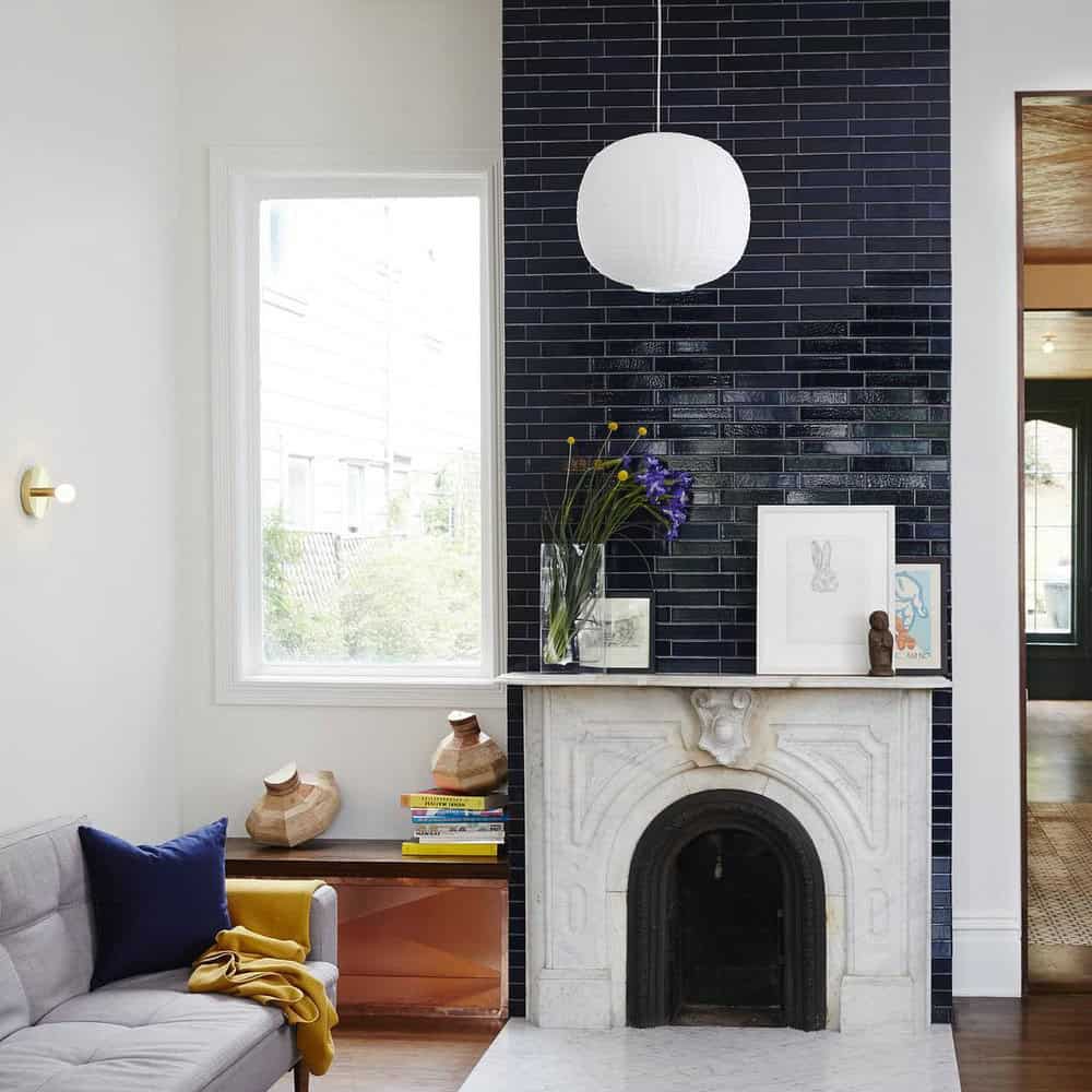 navy blue fireplace wall
