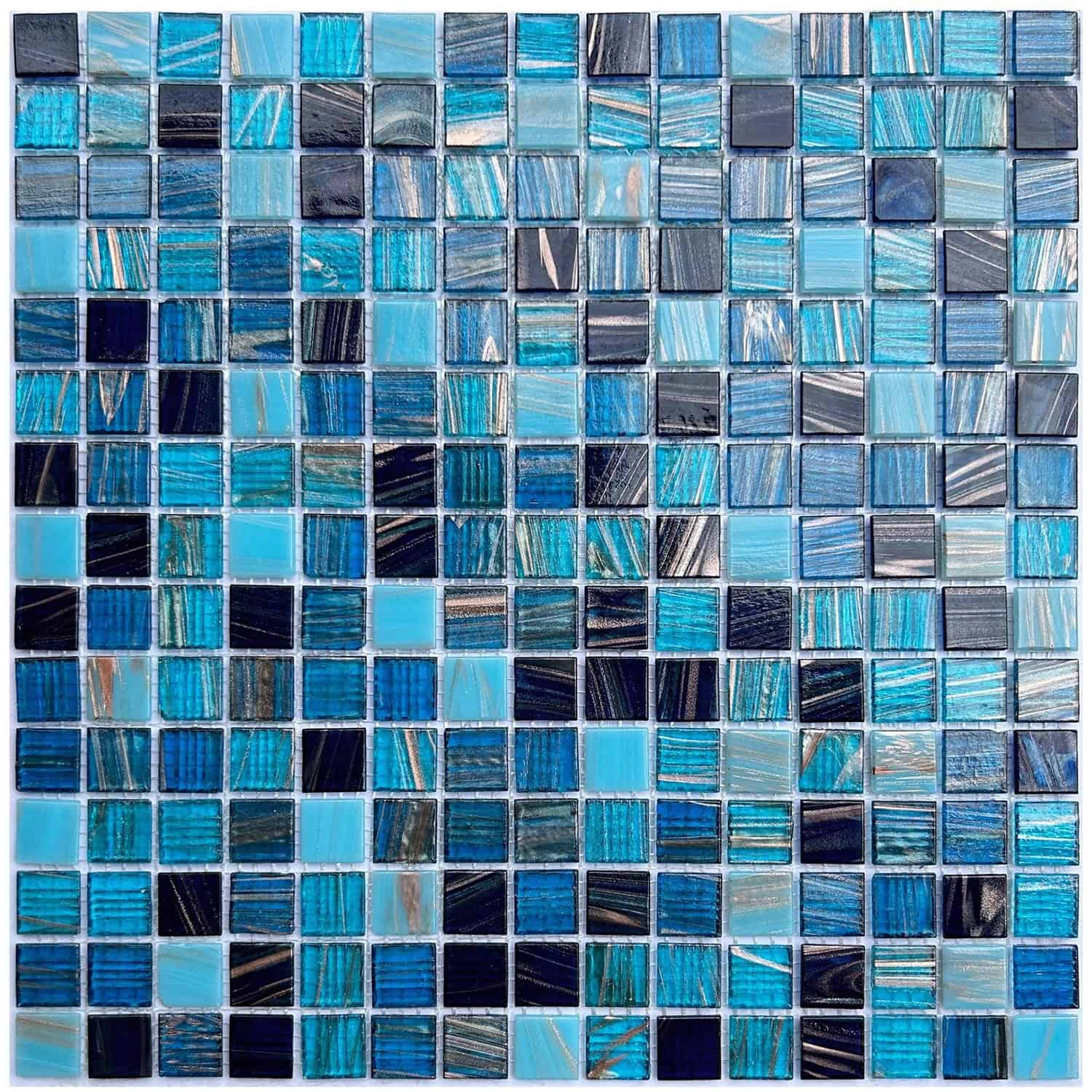 Iridescent blue glass mosaic tile square pattern for pools