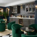 3D black stainless steel tiles behind luxury home bar counter