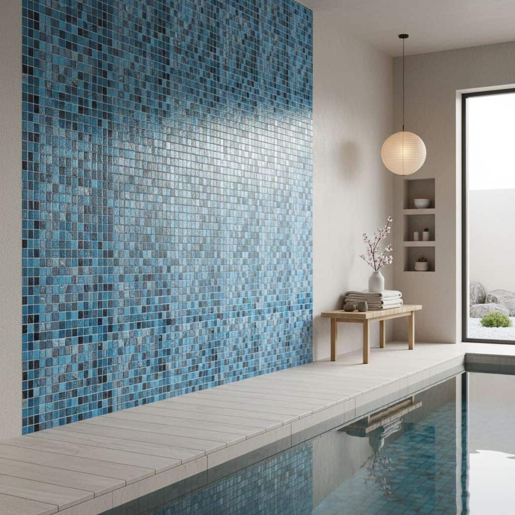 Large accent wall with blue glass tiles next to pool