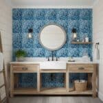 Blue glass tile mosaic wall behind a bathroom vanity mirror