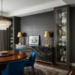 Dramatic black 3D wall tiles in formal luxury dining room