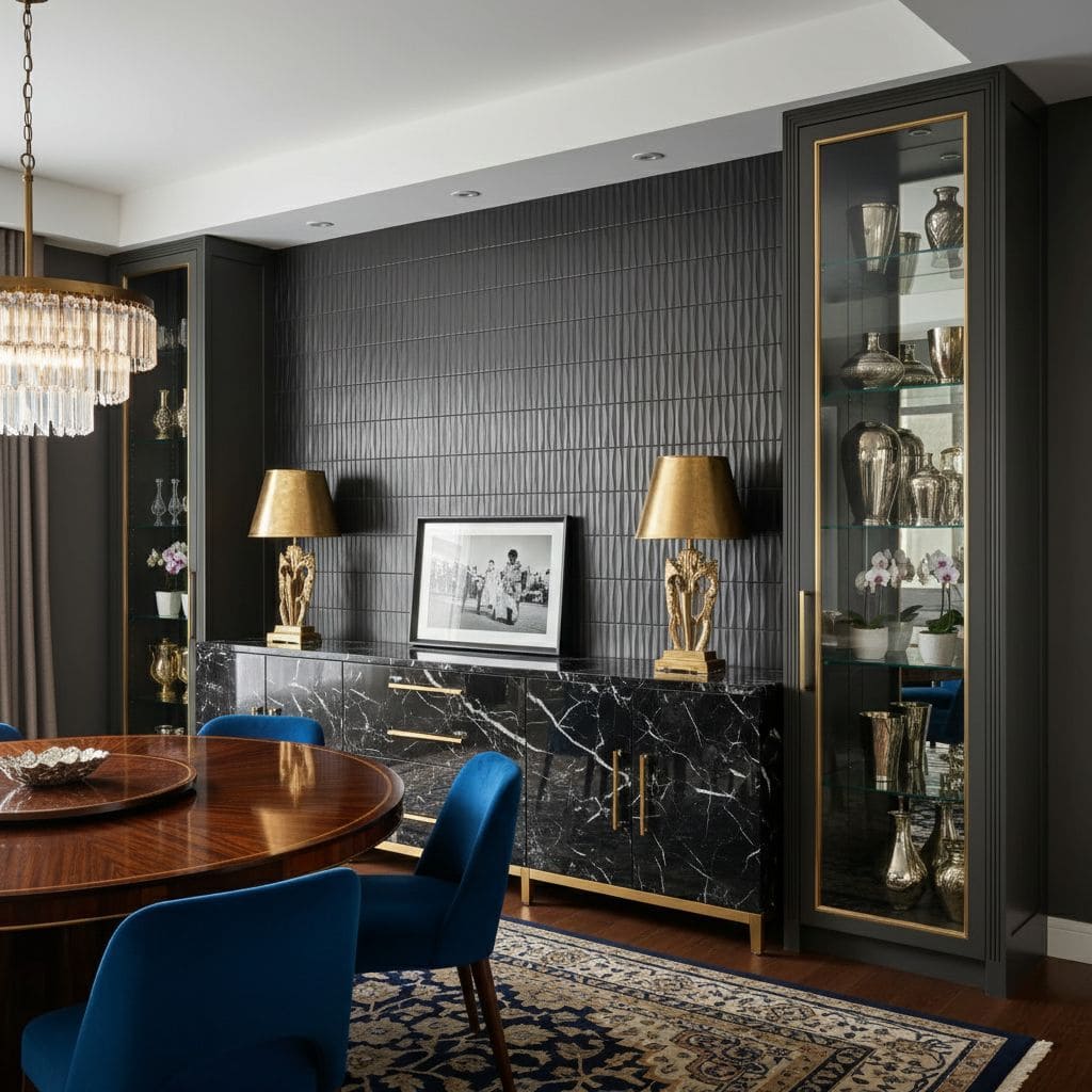 Dramatic black 3D wall tiles in formal luxury dining room