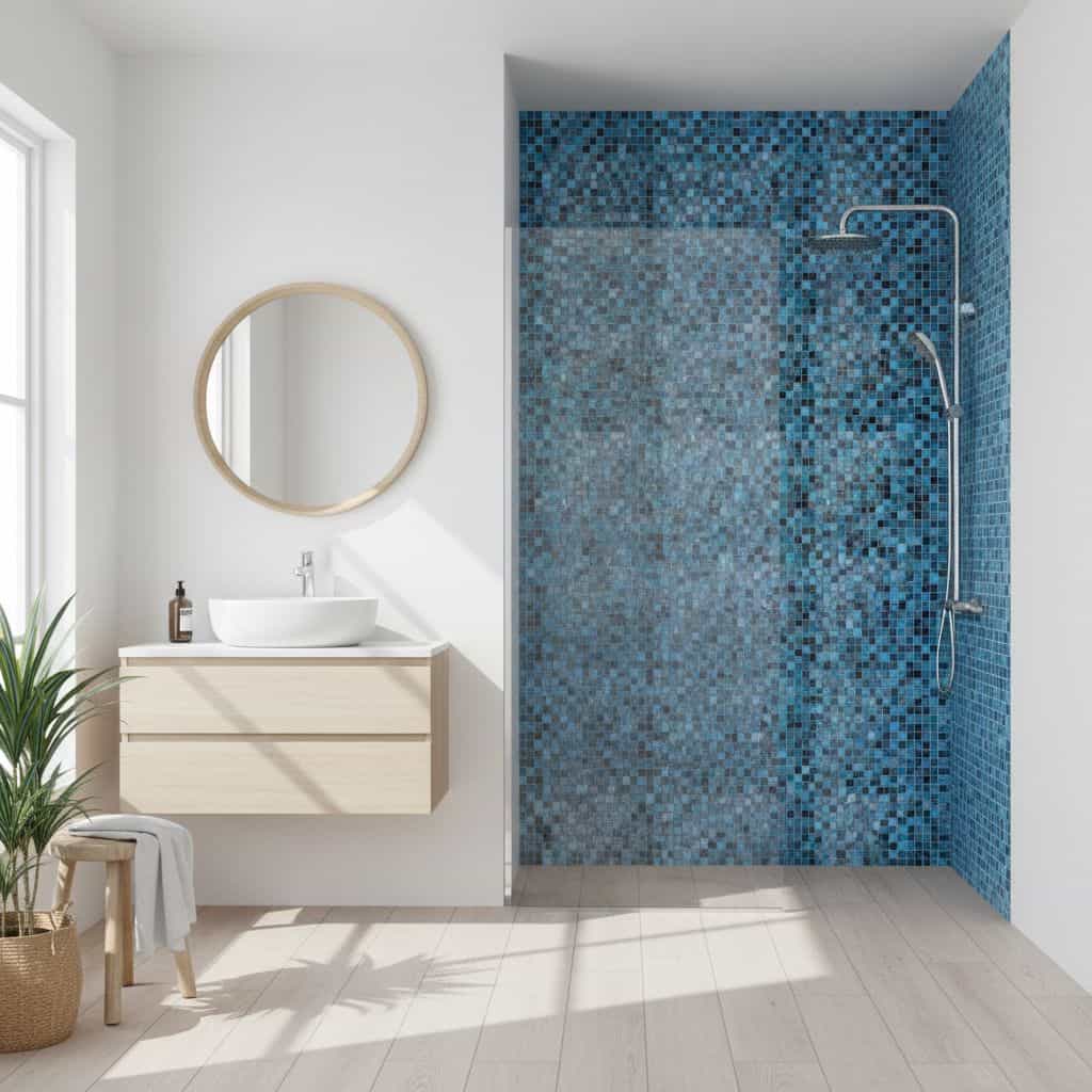 Luxurious walk-in shower with blue glass tile mosaic walls