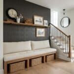 Rustic modern entryway featuring black 3D stainless steel accent wall