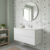 Nacre iridescent shell mosaic tile backsplash in a modern bathroom vanity
