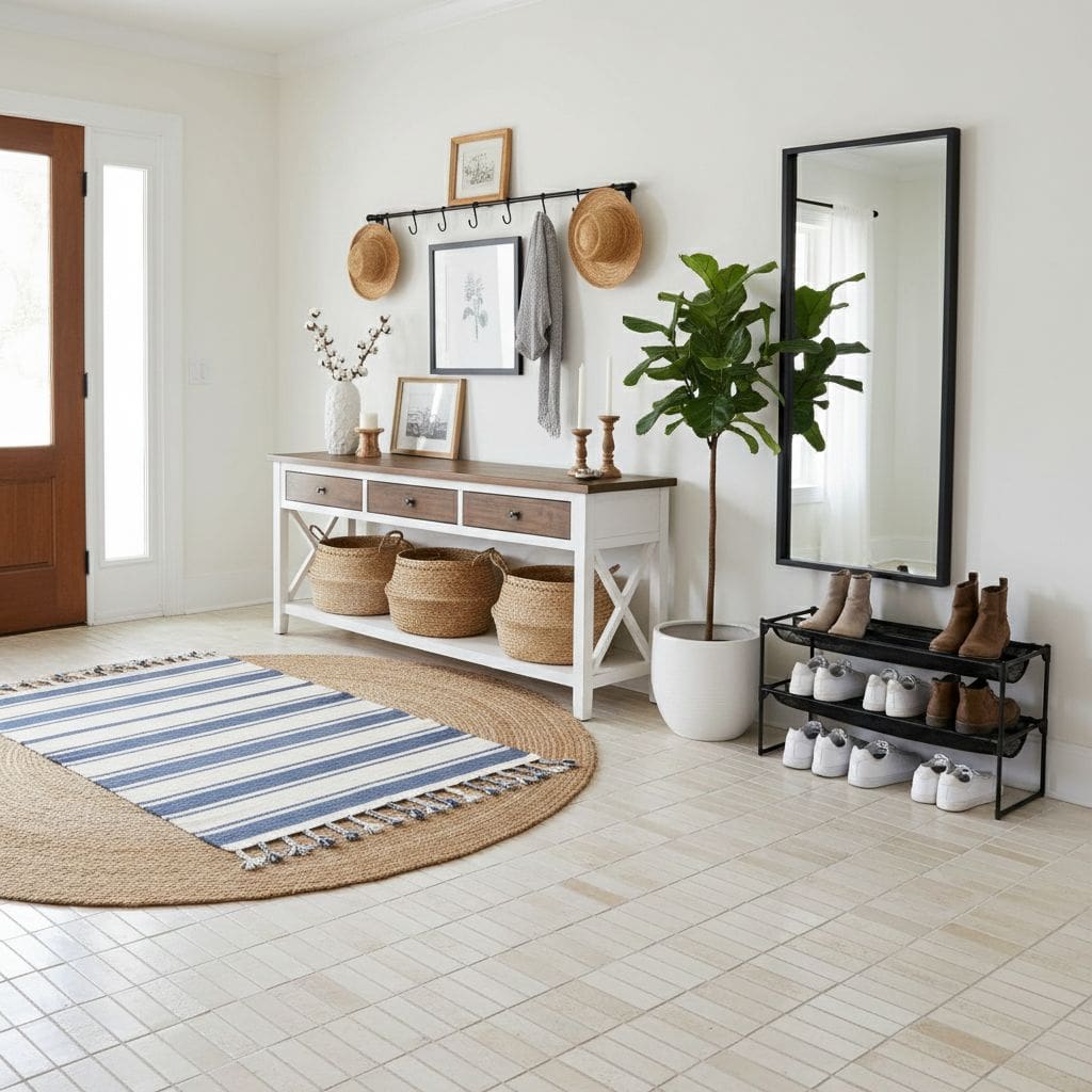 Bright entryway featuring beige textured tile flooring and natural decor accents.