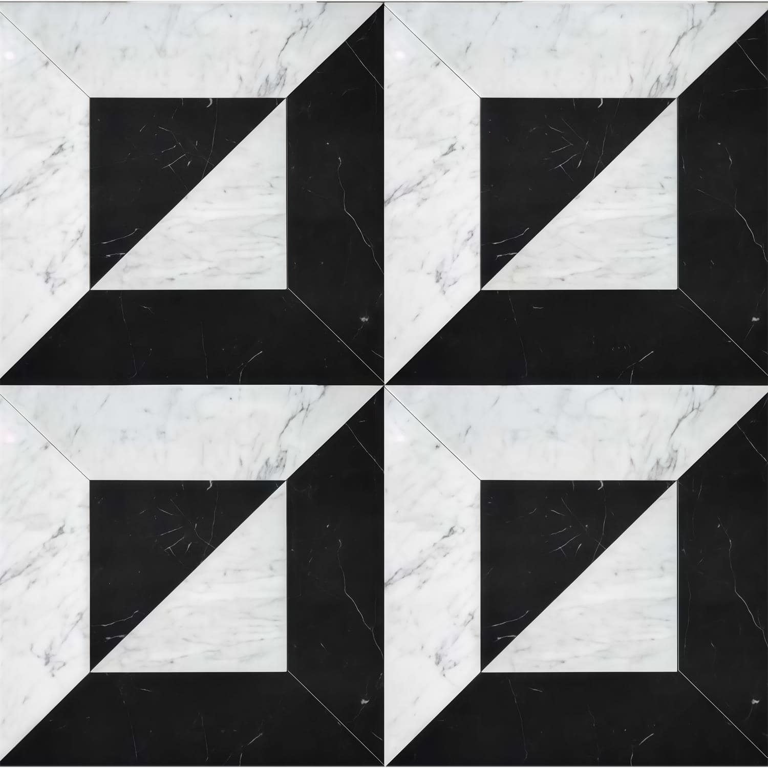 Black and white marble tile with geometric design, smooth texture, and contrasting colors.