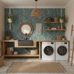 Bright laundry room with peel and stick tile backsplash behind sink and washer/dryer. Natural wood accents and hanging plants.