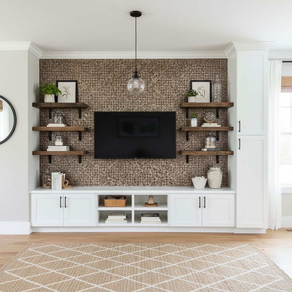 Modern living room with peel and stick tile wall behind TV, featuring floating shelves and decorative items.