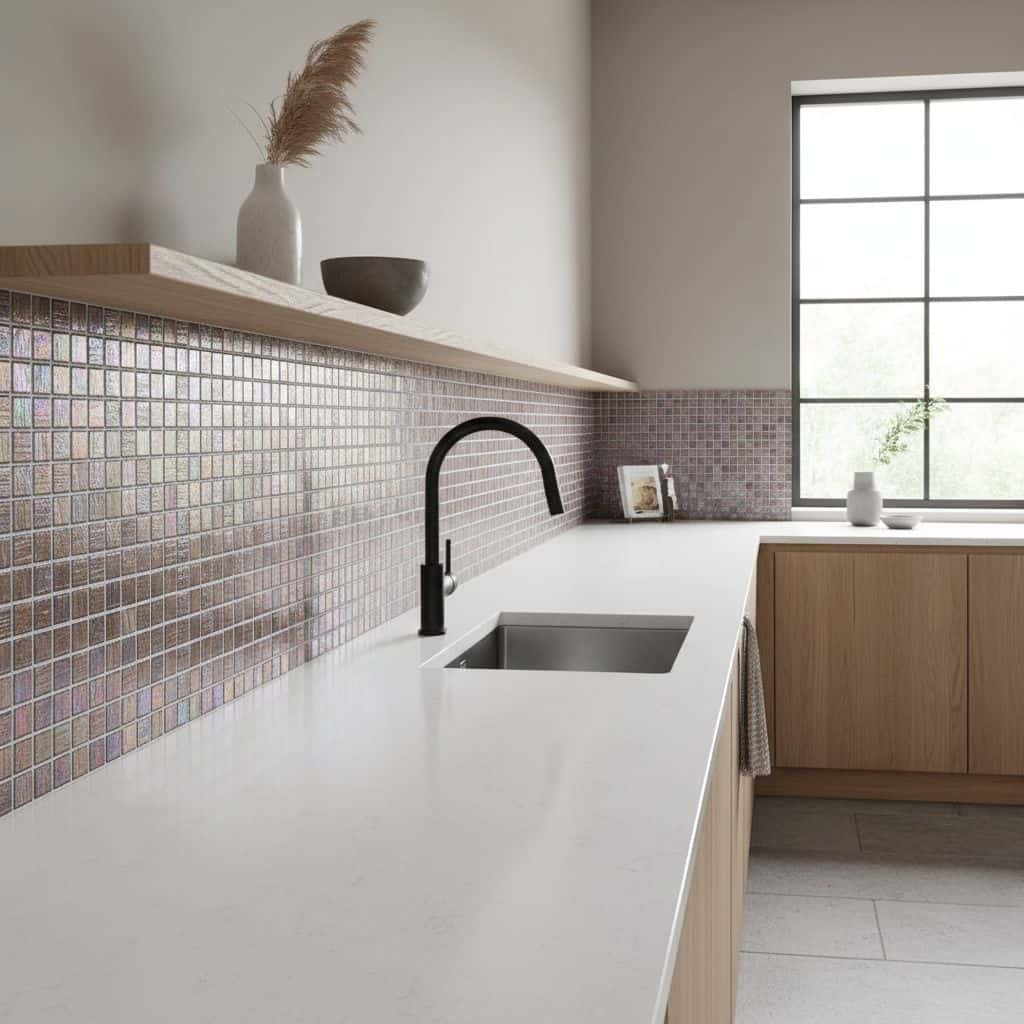 Glass tile backsplash with iridescent finish in contemporary kitchen setting.