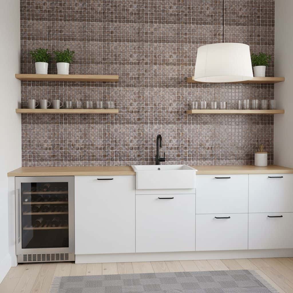 Bright kitchen featuring a glass tile backsplash, white cabinets, and open wooden shelves with potted plants.