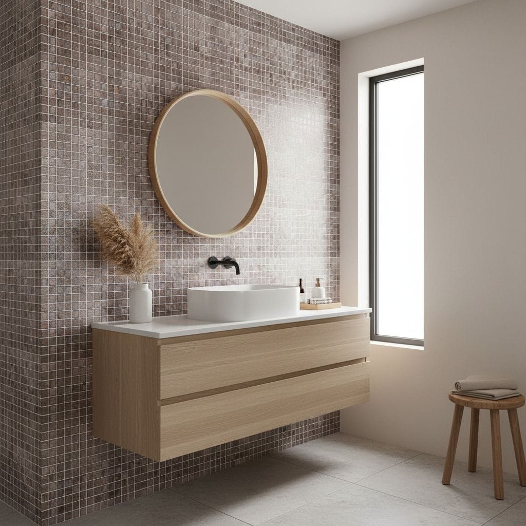 Glass tile backsplash in bathroom with modern vanity and round mirror, natural light, and minimalist decor.